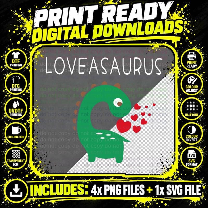 Fun Valentines Day Loveasaurus Dinosaur Artwork T-Shirt Png SVG Digital Bundle