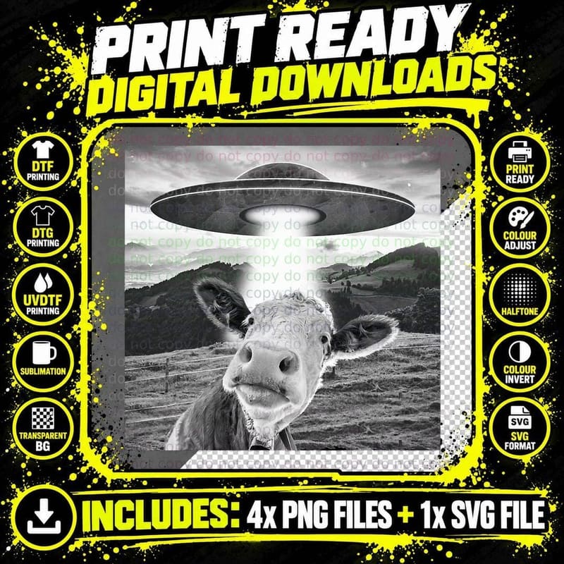 Funny Alien Cow UFO Cow Selfie with UFO Alien Cow Funny Png SVG Digital Bundle