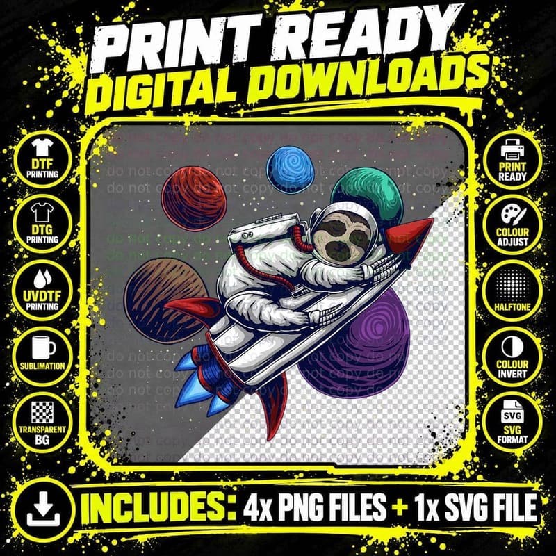 Funny Astronaut Sloth in Outer Space Sleeping Rocketship Png SVG Digital Bundle