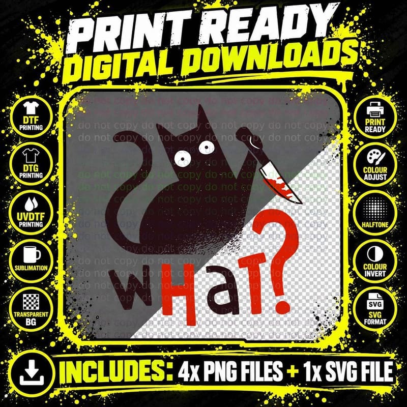 Funny Big Eyed Killer Cat with Knife Sarcastic T-Shirt Png SVG Digital Bundle