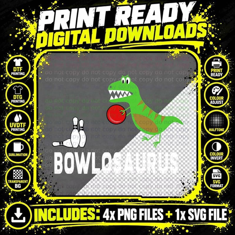 Funny Bowling Shirts Dinosaur Bowler T-Shirt Dino Gift Png SVG Digital Bundle