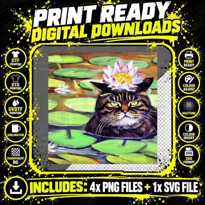 Funny Cat Art Sitting in Monet's Water Lilies T-Shirt Png SVG Digital Bundle