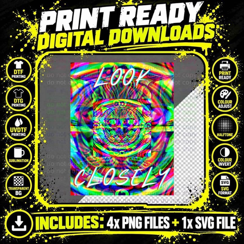 Funny Cat Psychedelic Oversized T-Shirt Png SVG Digital Bundle