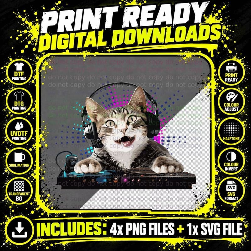 Funny DJ Cat Art for Men Women Boys Girls Kids Mix EDM Png SVG Digital Bundle