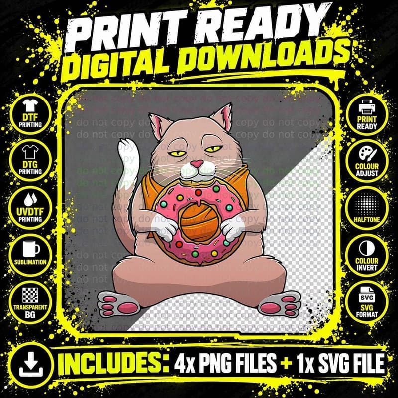 Funny Donut Cat Design for Kids Men Women Doughnut Png SVG Digital Bundle