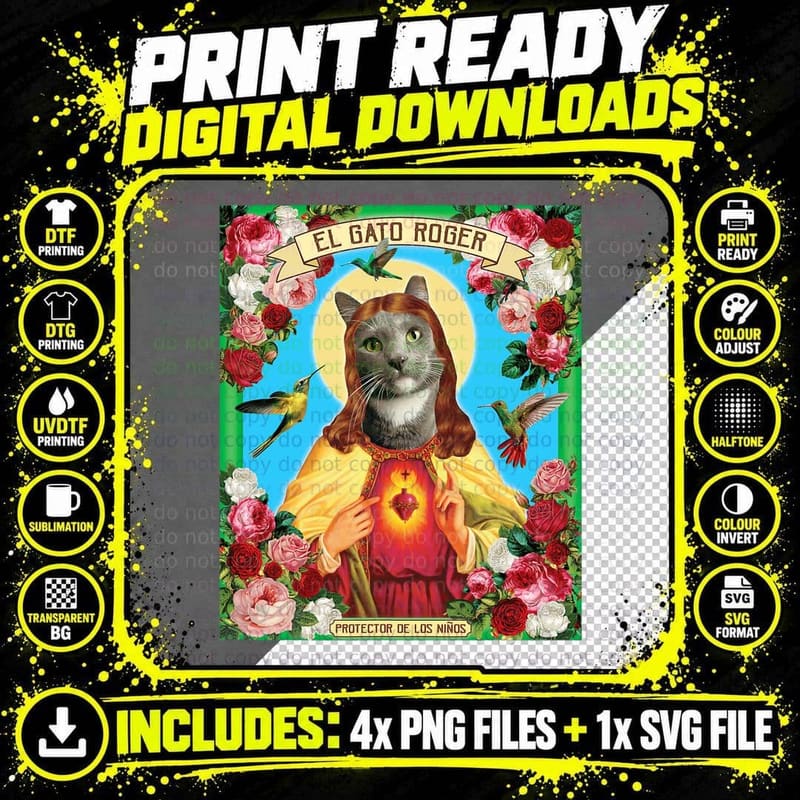 Funny El Gato Mexican Santo Cat Parody Weird Folk Art Png SVG Digital Bundle