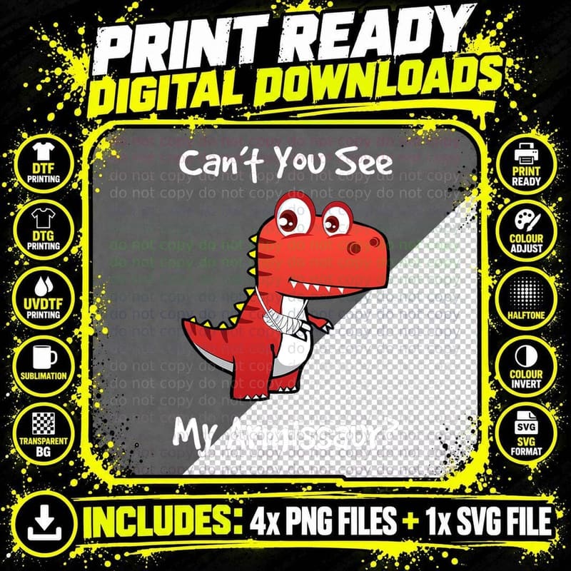 Funny Get Well Broken Arm Gift Dinosaur with a Cast Png SVG Digital Bundle