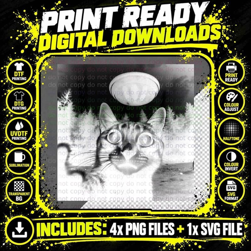 Funny Graphic Cat Selfie with Ufos Weird, Kitty Gift Png SVG Digital Bundle