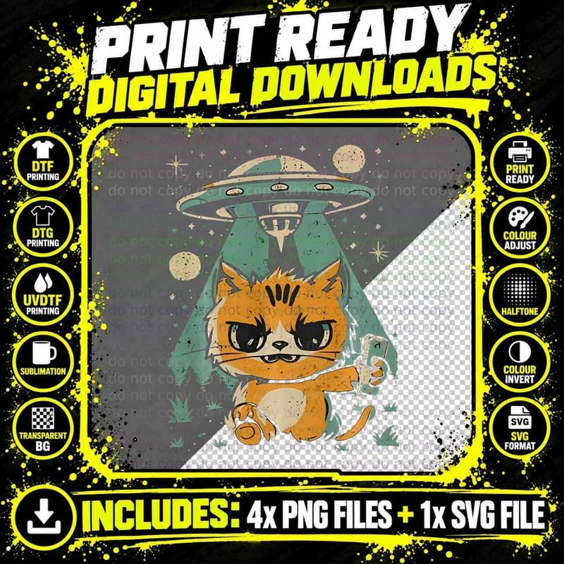 Funny Graphic Tee - Scary Cat Taking Selfie with Ufos Png SVG Digital Bundle