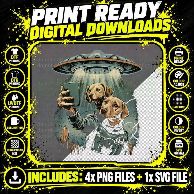 Funny Graphic Tee - Scary Dog Taking Selfie with Ufos Png SVG Digital Bundle