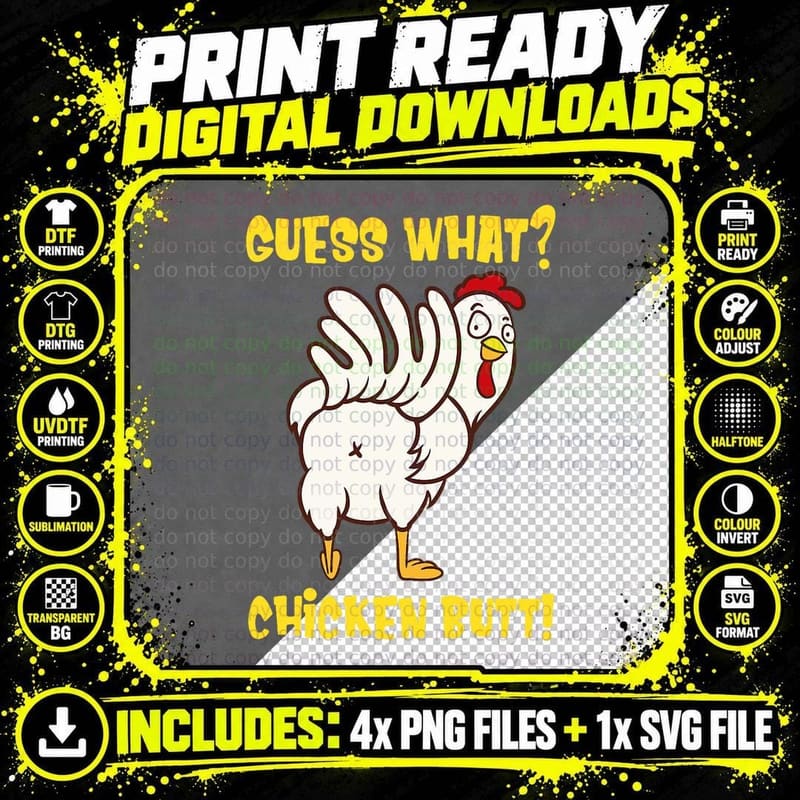 Funny Guess What Chicken Butt! Farm Chicken Art Sketch Png SVG Digital Bundle