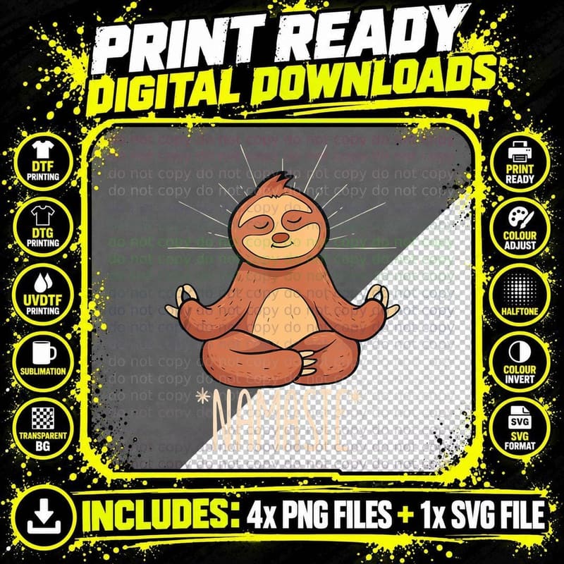 Funny Namaste Sloth Meditation Yoga Cute Sloth Lover Png SVG Digital Bundle