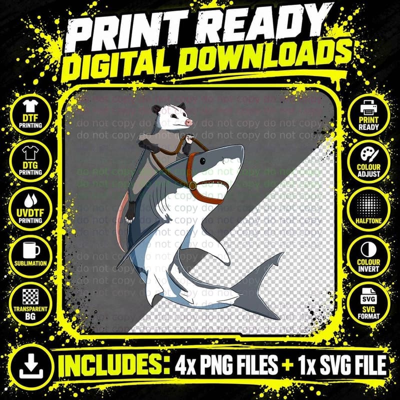 Funny Opossum Riding Shark T-Shirt Png SVG Digital Bundle