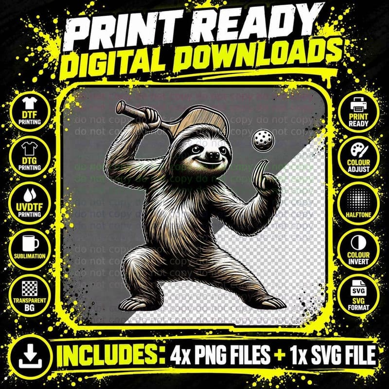 Funny Sloth Playing Pickleball Wildlife Animal Lover Png SVG Digital Bundle
