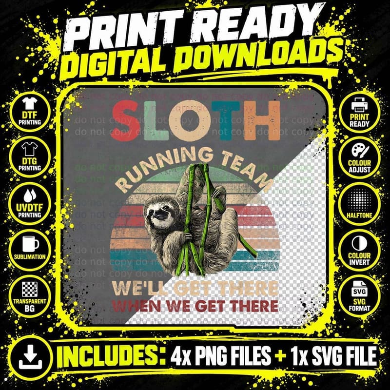 Funny Vintage Sloth Running Team Marathon Runners Png SVG Digital Bundle