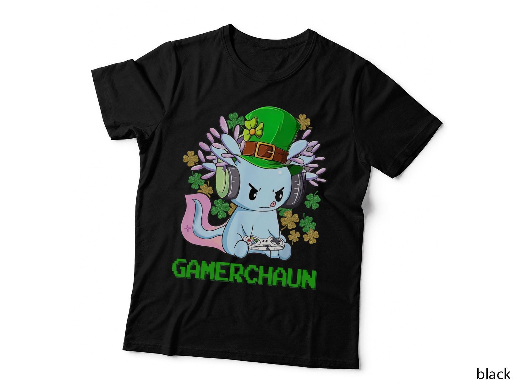 Gamerchaun St Patrick's Day Axolotl Video Game Controllers T-Shirt