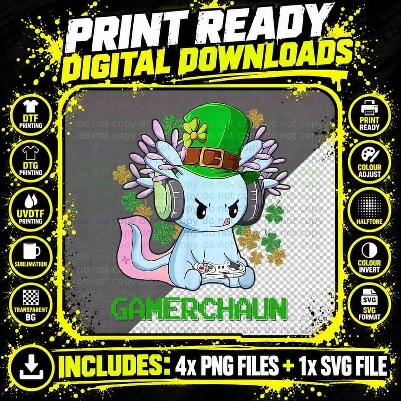 Gamerchaun St Patrick's Day Axolotl Video Game Png SVG Digital Bundle