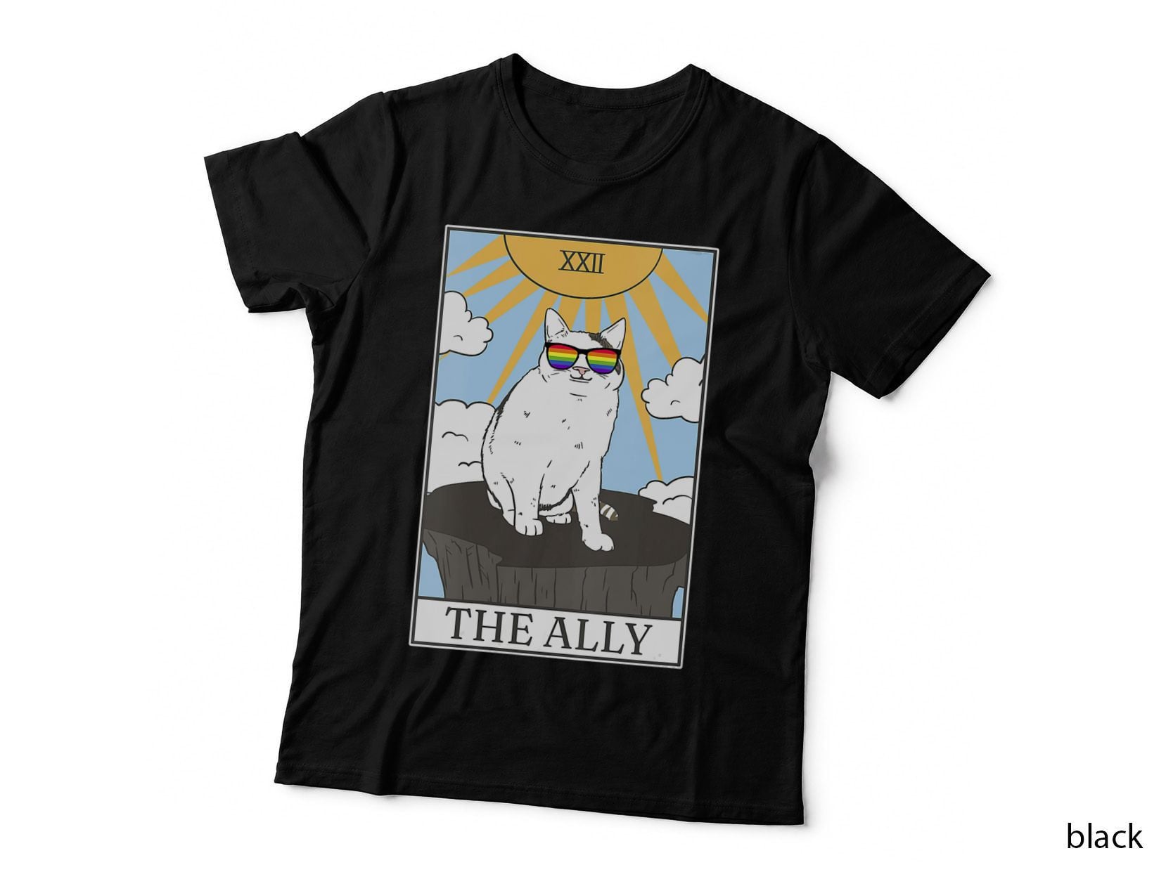 Gay Pride Sunglasses Ally Cat Tarot Card, Retro Graphic T-Shirt