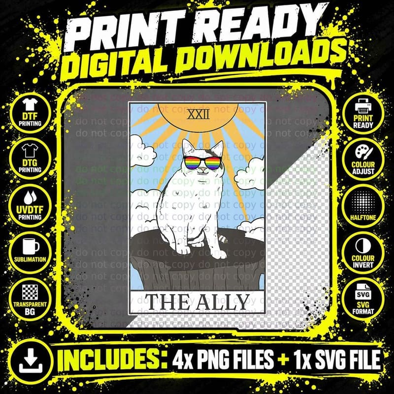 Gay Pride Sunglasses Ally Cat Tarot Card Png SVG Digital Bundle