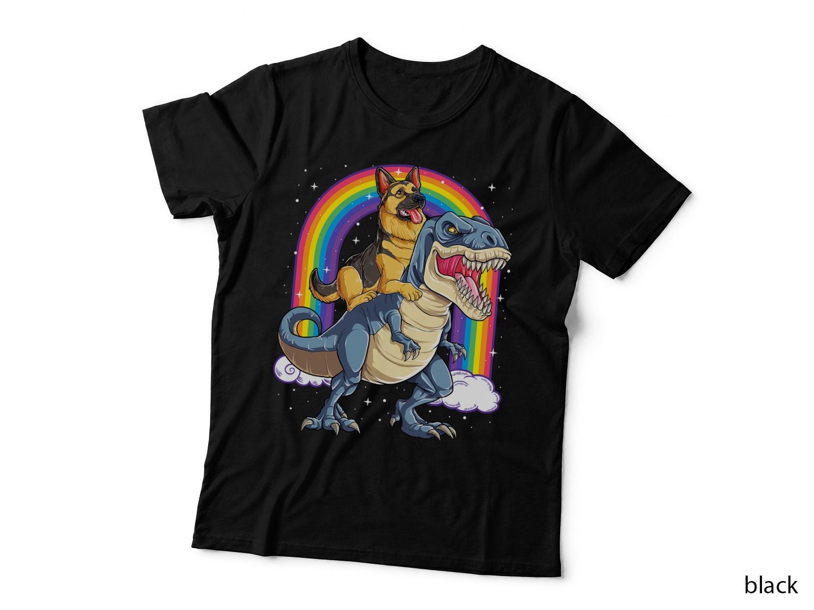 German Shepherd Riding Dinosaur T Rex Gift Boys Kids Rainbow T-Shirt