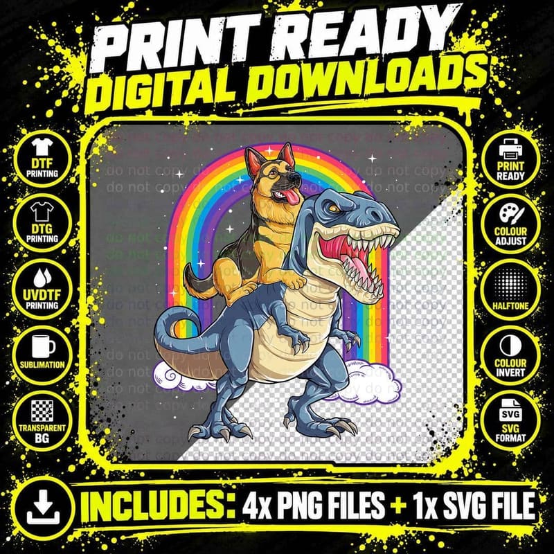 German Shepherd Riding Dinosaur T Rex Gift Boys Kids Png SVG Digital Bundle
