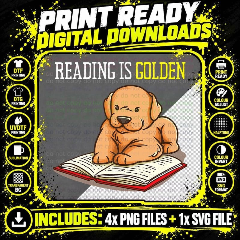 Golden Retriever Book Reading Gift Bookworm Teachers Dog Png SVG Digital Bundle