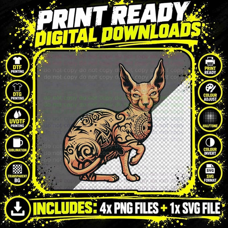 Goth Sphynx Cat Gothic Tattoo Kitten T-Shirt Png SVG Digital Bundle
