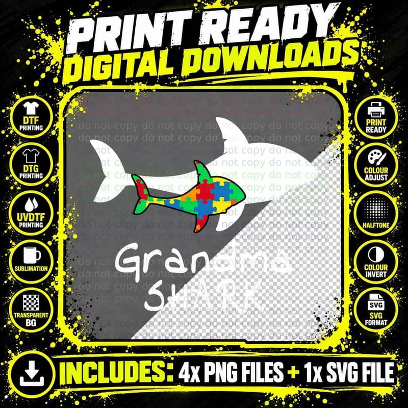 Grandma Shark Puzzle Piece Cool Autism Awareness Gift Png SVG Digital Bundle