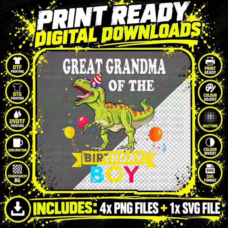 Great Grandma of the Birthday Boy Dinosaur T-Rex Family Png SVG Digital Bundle