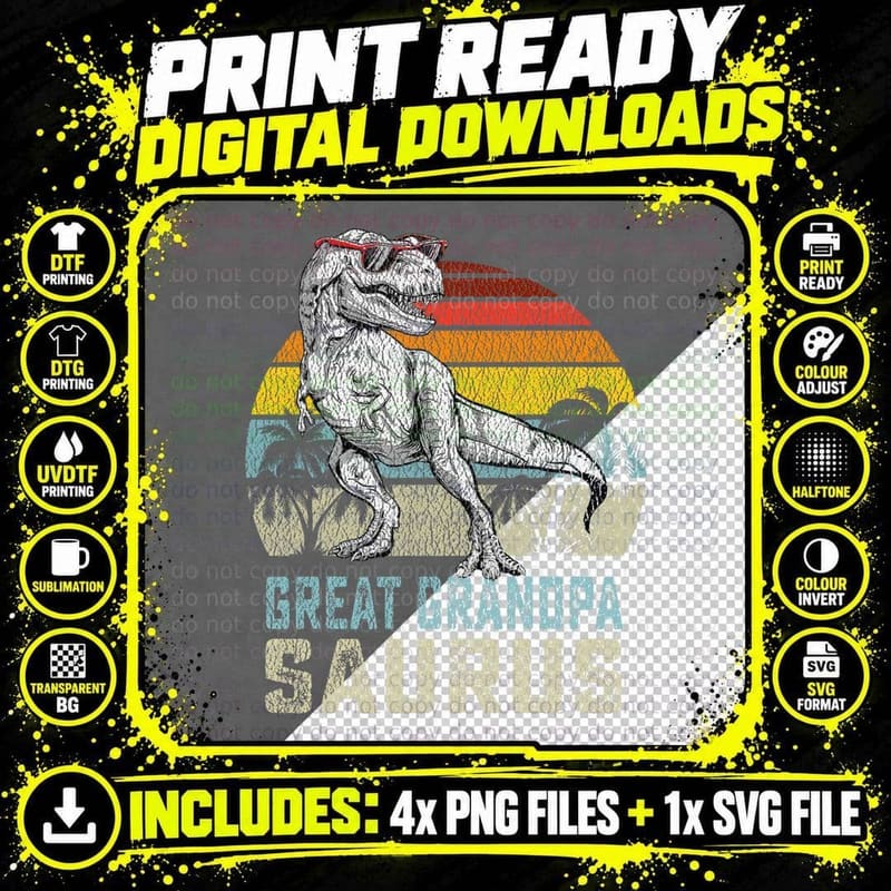 Great Grandpasaurus T Rex Dinosaur Grandpa Saurus Family Png SVG Digital Bundle