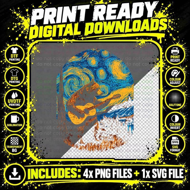 Grizzly Bear Blues Guitarist Starry Night Musician Music Png SVG Digital Bundle
