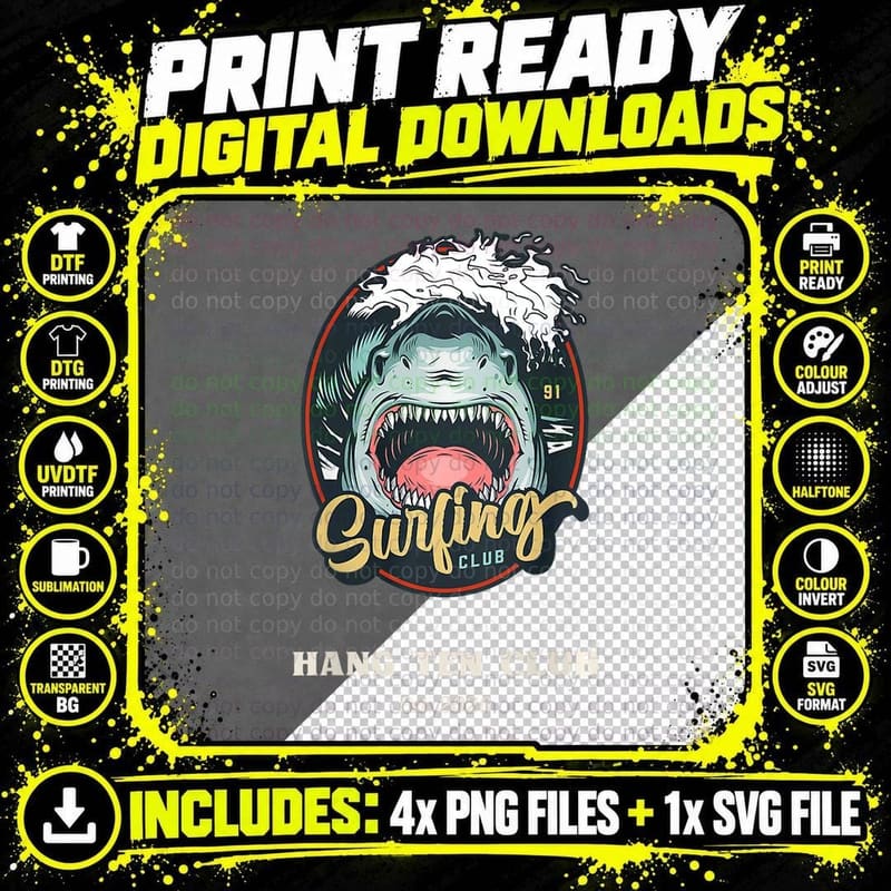 Hang Ten Shark Surfing Club Design T-Shirt Png SVG Digital Bundle