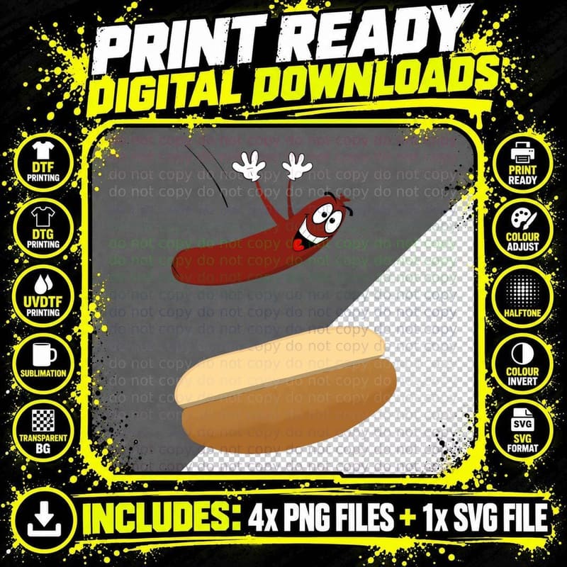 Happy Cartoon Hot Dog Jumping into a Bun T-Shirt Png SVG Digital Bundle