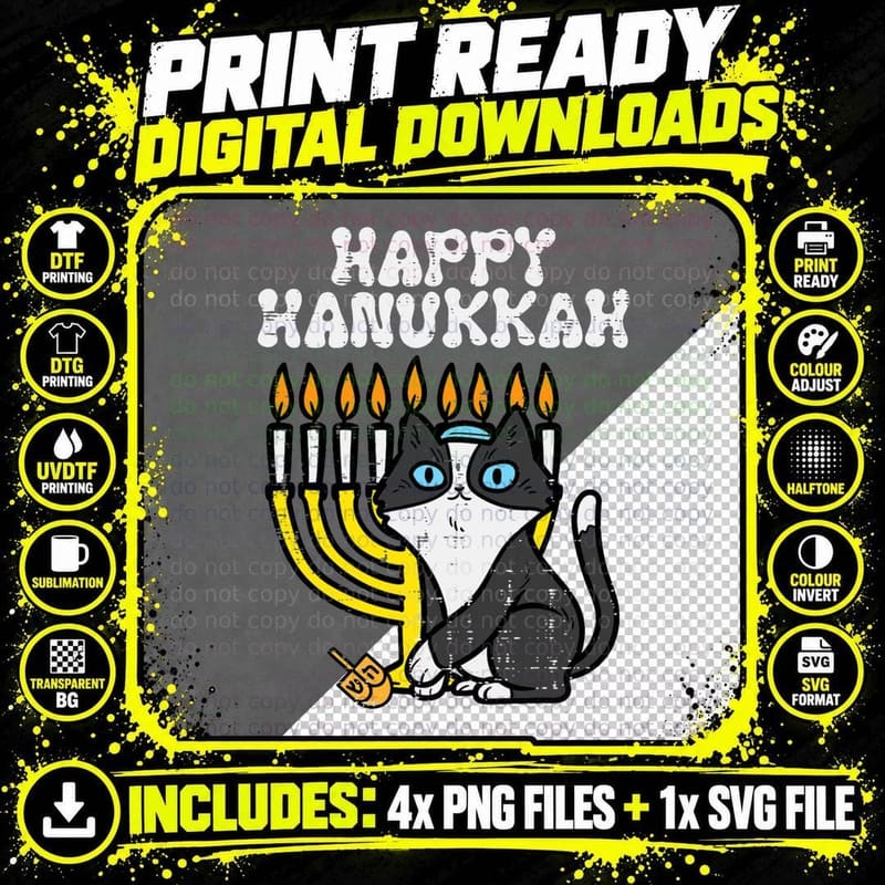 Happy Hanukkah Jewish Cat Funny Chanukah Men Women Kids Png SVG Digital Bundle