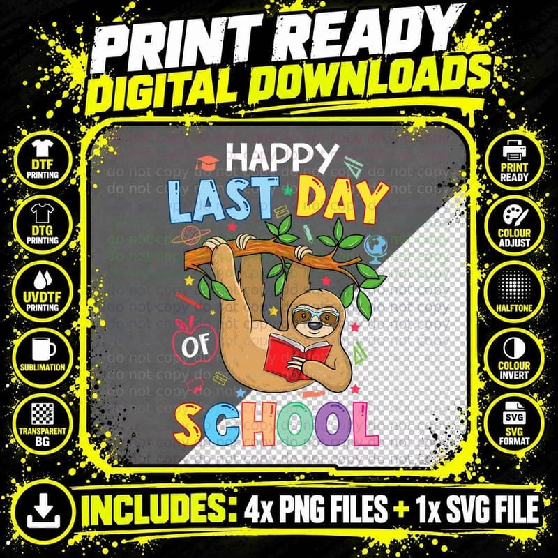 Happy Last Day of School Kid Teacher Cute Sloth Png SVG Digital Bundle