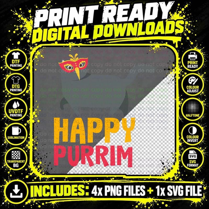 Happy Purim Costume Idea Funny Cat Hebrew Jewish Holiday Png SVG Digital Bundle