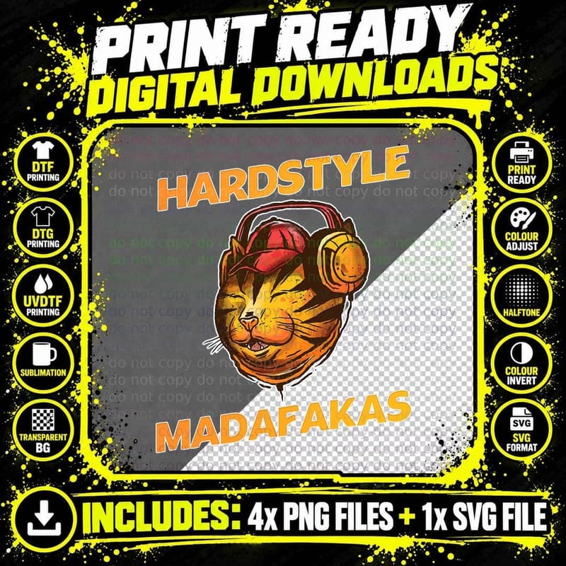 Hardstyle Madafakas Music Rave Celebration Cat Png SVG Digital Bundle