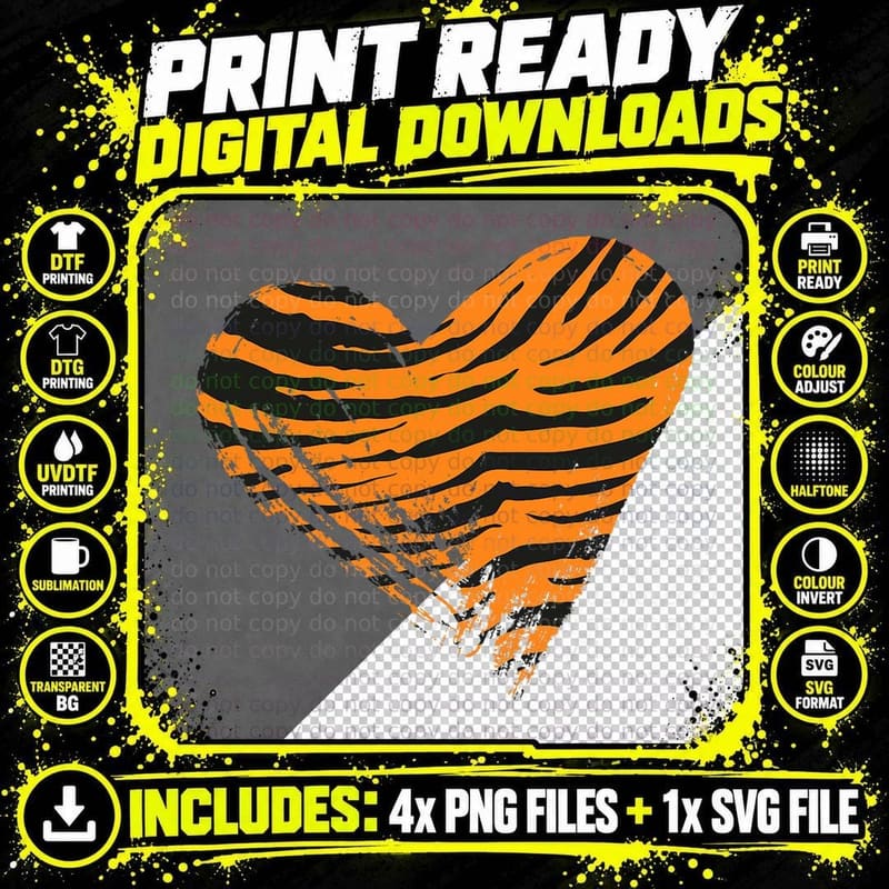 Heart Tiger Print Big Cat Safari Animal Lover Women Png SVG Digital Bundle