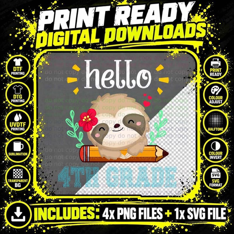 Hello Fourth Grade Back to School Cute Sloth Lover Girl Png SVG Digital Bundle