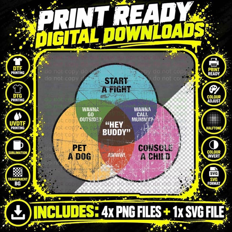 Hey Buddy Funny Dog Fight Child Math Venn Logic Diagram Png SVG Digital Bundle