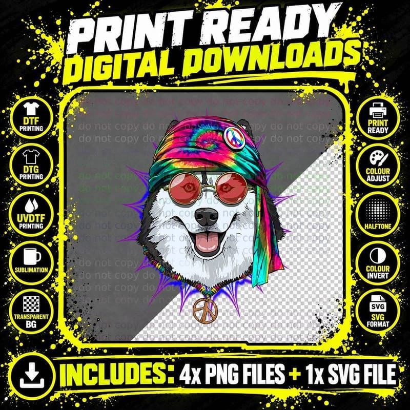 Hippie Siberian Husky Tie Dye Peace Sign Psychedelic Pet Png SVG Digital Bundle