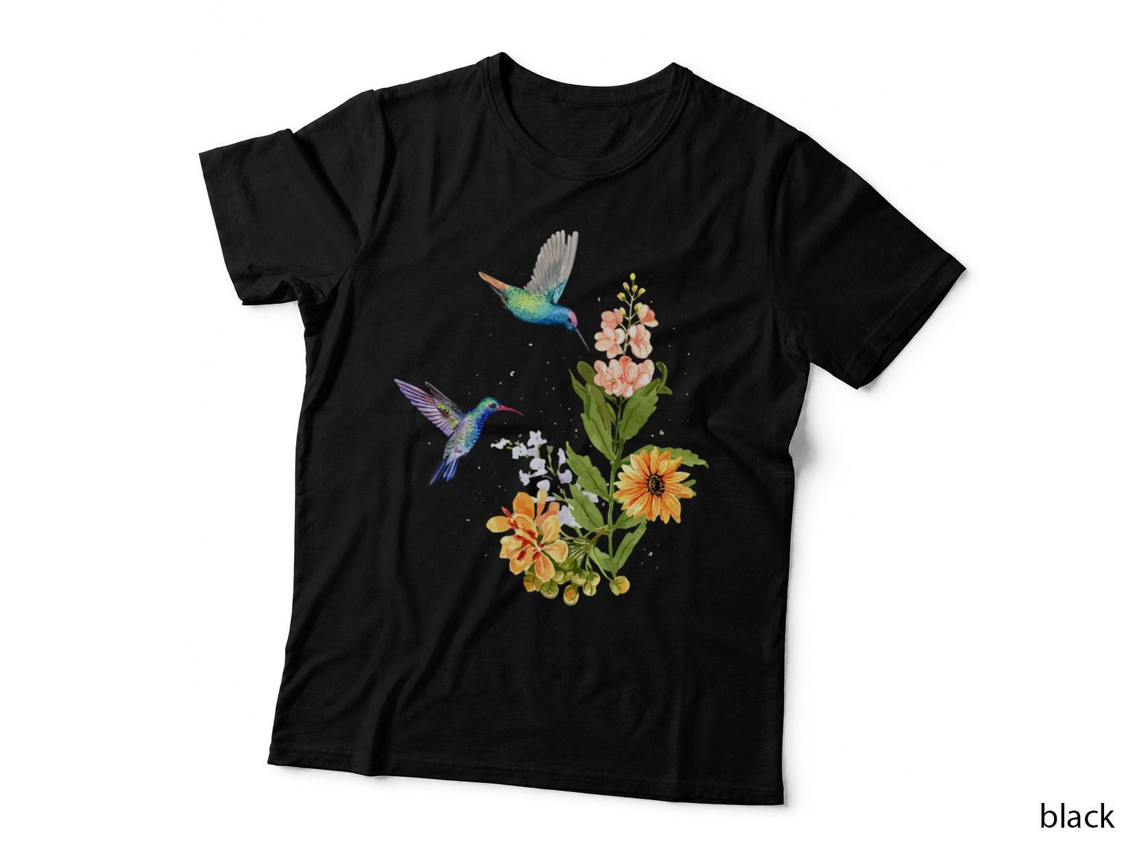 Hummingbird and Flower Watercolor Art Design Bird T-Shirt