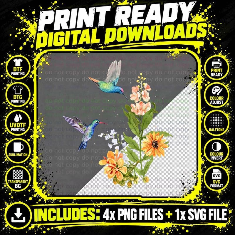 Hummingbird and Flower Watercolor Art Design Bird T-Shirt Png SVG Digital Bundle