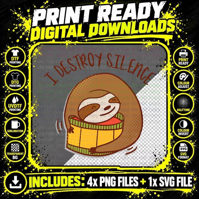 I Destroy Silence Rockstar Sloth Playing Drums Musical Png SVG Digital Bundle