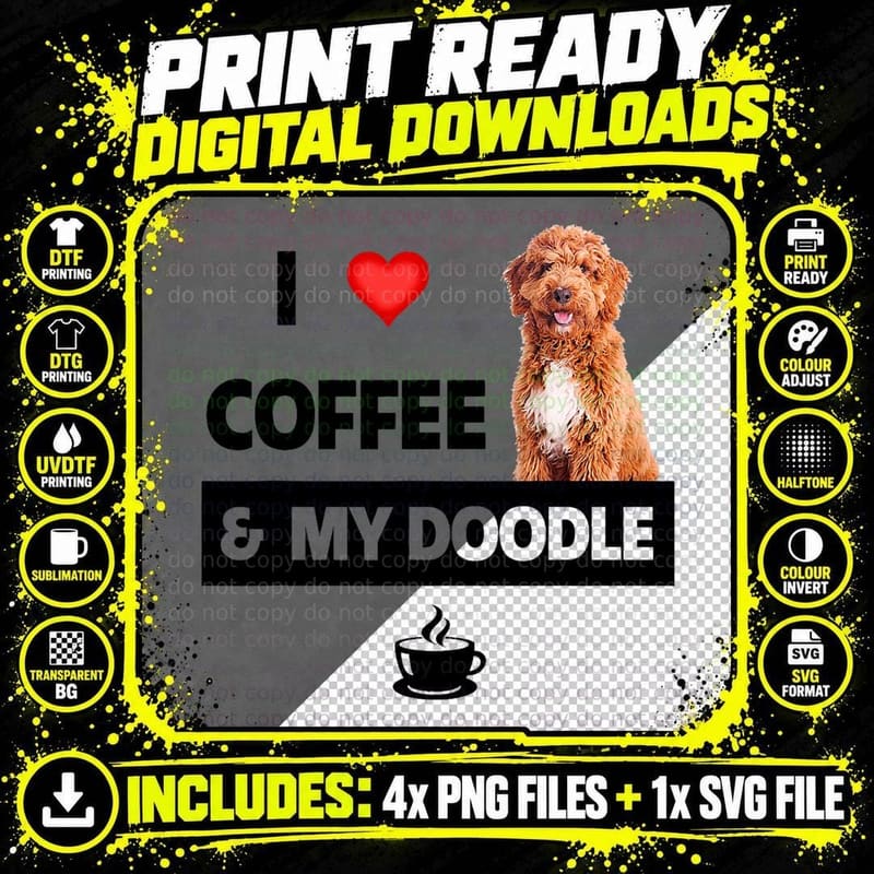 I Love Coffee and My Golden Doodle Dog Mom Dad Pet Png SVG Digital Bundle