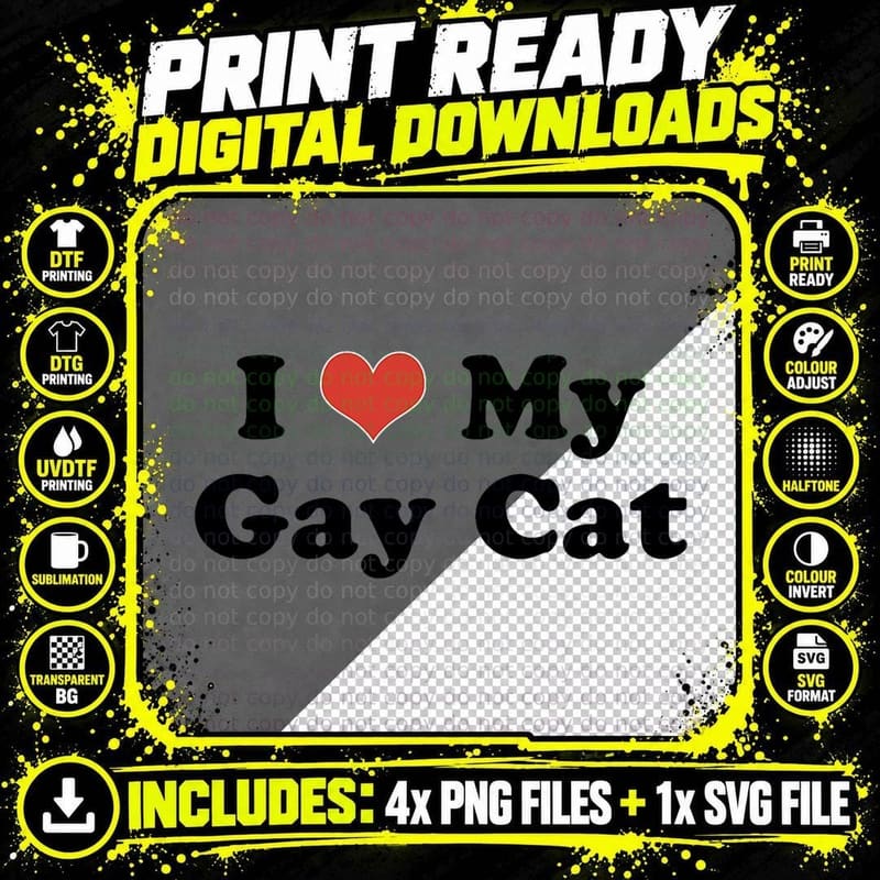 I Love My Gay Cat Heart Funny LGBT Pet Pride Proud Png SVG Digital Bundle
