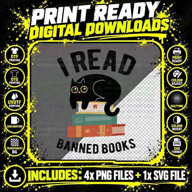 I Read Banned Books Librarians Black Cat Reader Bookworm Png SVG Digital Bundle
