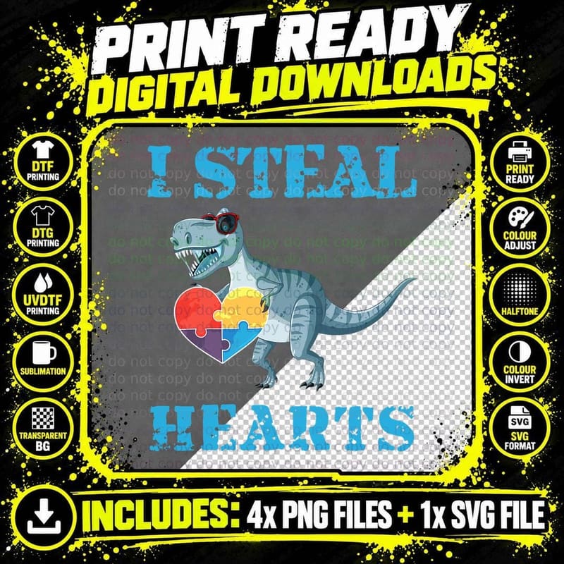 I Steal Hearts Cute Dinosaur Autism Awareness Valentines Png SVG Digital Bundle
