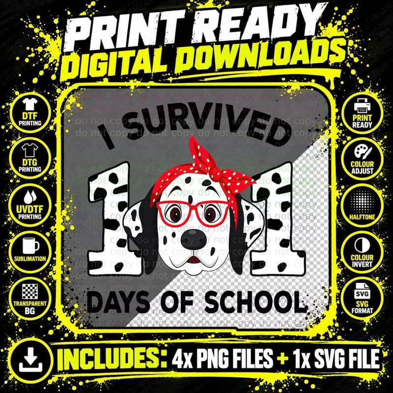 I Survived 101 Days of School Dalmatian Dog Teacher Kids Png SVG Digital Bundle