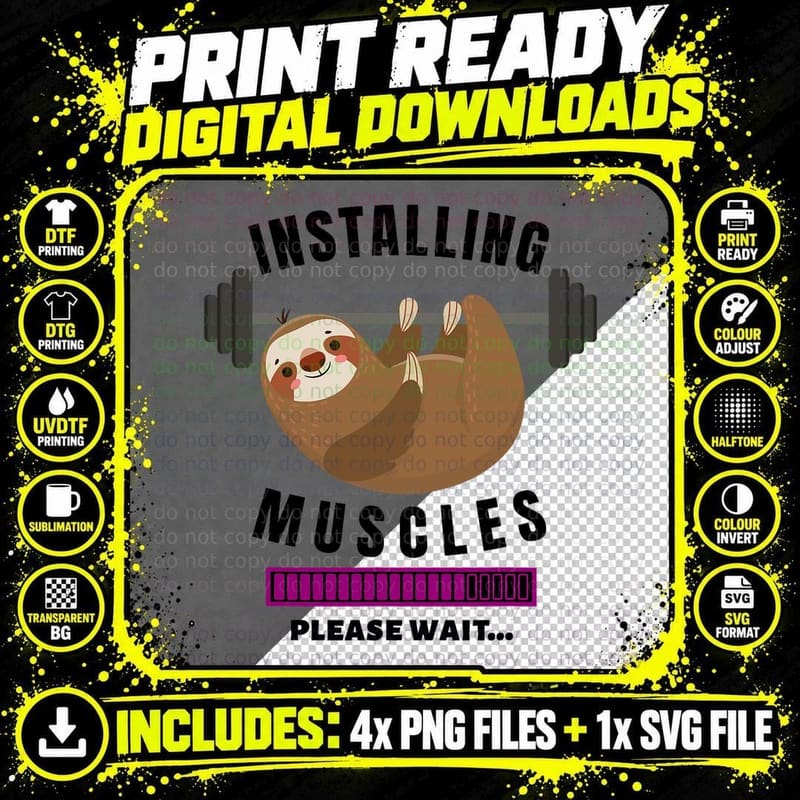 Installing Muscles Sloth Weight Lifting Fitness Png SVG Digital Bundle
